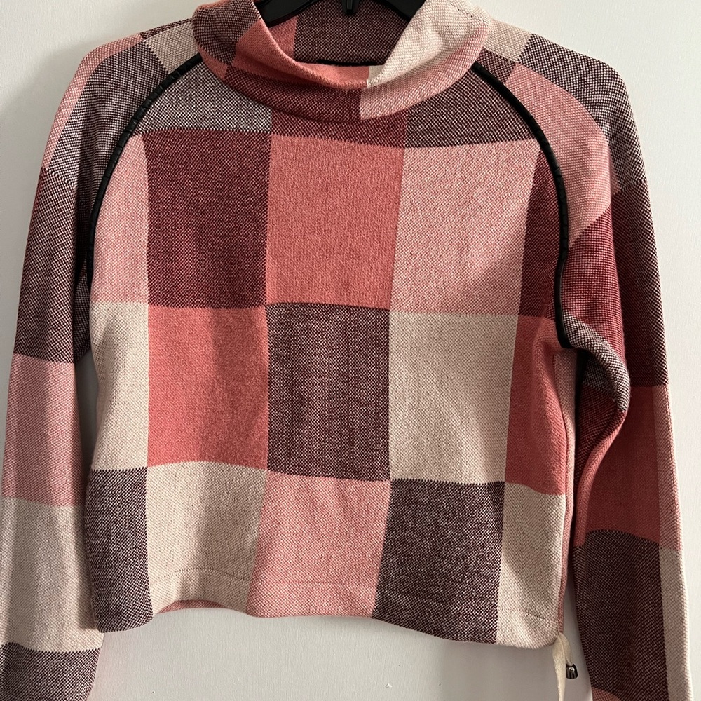 Tricot Chic Cozy Plaid Cowl Neck Sweater in Pink and Cream